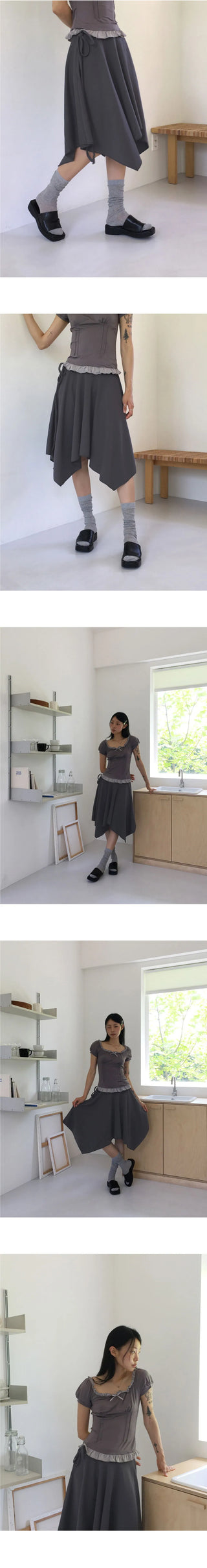 Pavel Ribbon Strap Uncut Cutting Midi Skirt