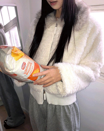 Nuha fur collar quilted short zip-up jacket