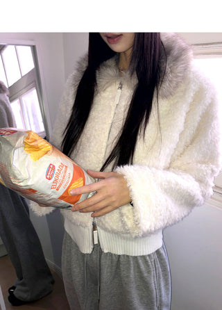 Nuha fur collar quilted short zip-up jacket