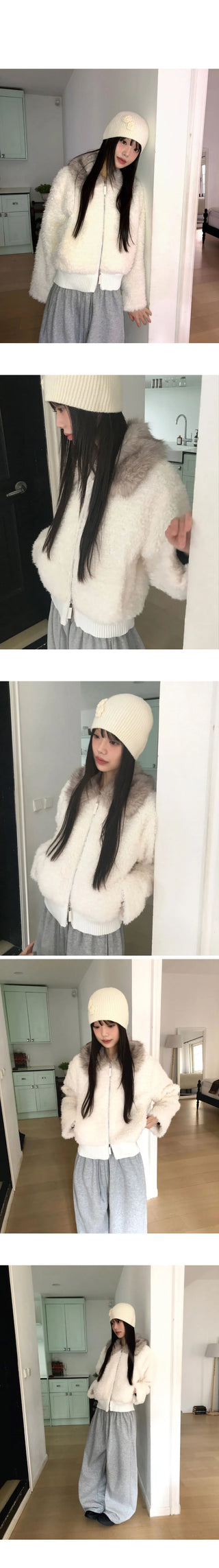 Nuha fur collar quilted short zip-up jacket