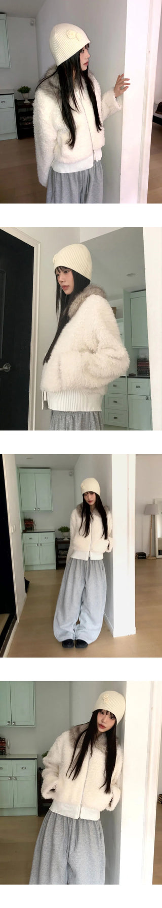 Nuha fur collar quilted short zip-up jacket