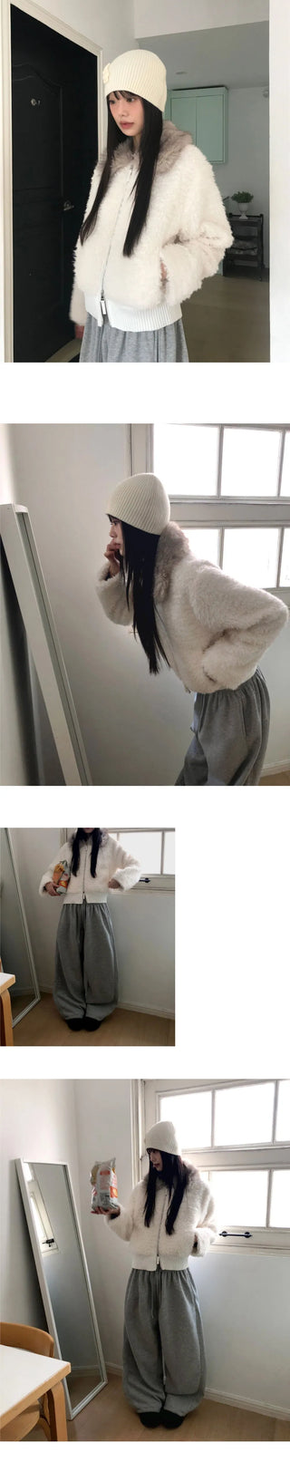 Nuha fur collar quilted short zip-up jacket