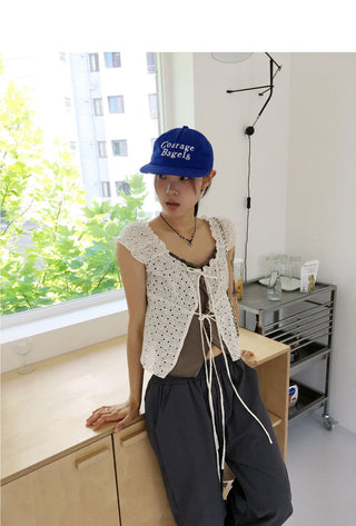 Lejan Punching Ribbon Strap Sleeveless Cardigan