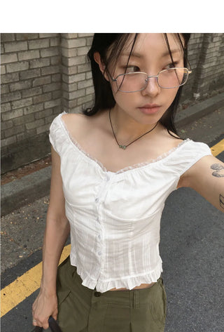 Lehman Lace Button Off Shoulder Sleeveless Blouse