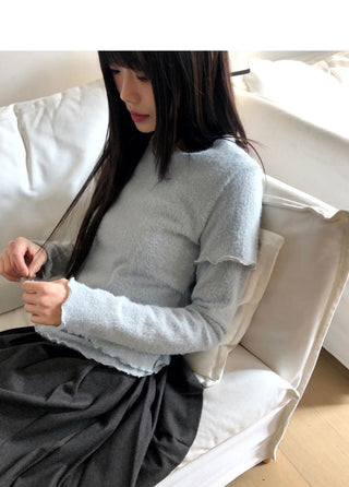 Depin Layered Two-Way Angora Short Sleeve Long Sleeve Frill T-Shirt
