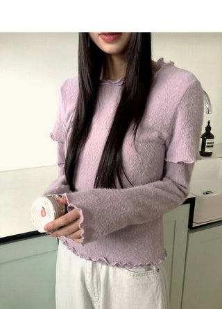Depin Layered Two-Way Angora Short Sleeve Long Sleeve Frill T-Shirt