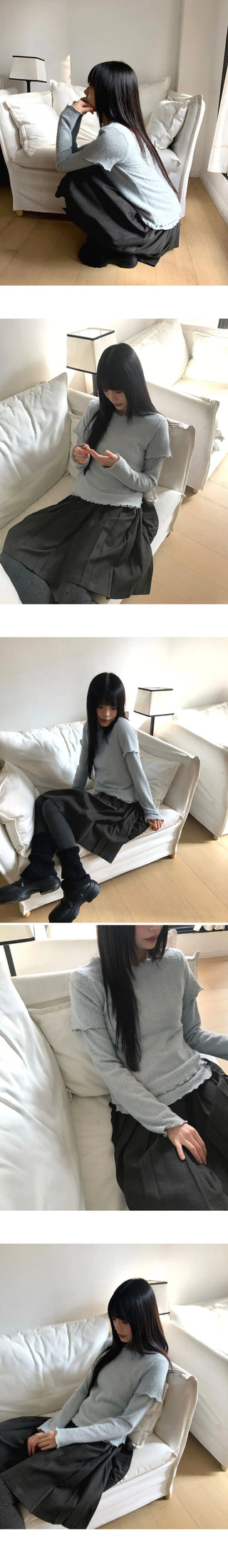 Depin Layered Two-Way Angora Short Sleeve Long Sleeve Frill T-Shirt