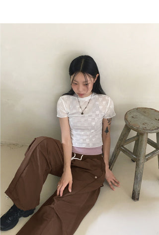 Lafit see-through ribbon printing half Turtleneck short sleeve t-shirt