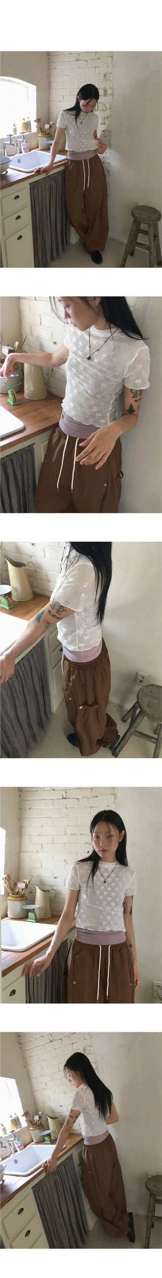 Lafit see-through ribbon printing half Turtleneck short sleeve t-shirt