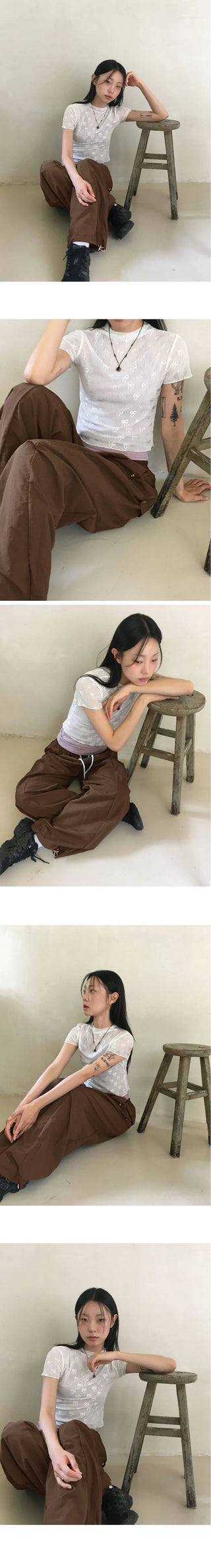 Lafit see-through ribbon printing half Turtleneck short sleeve t-shirt
