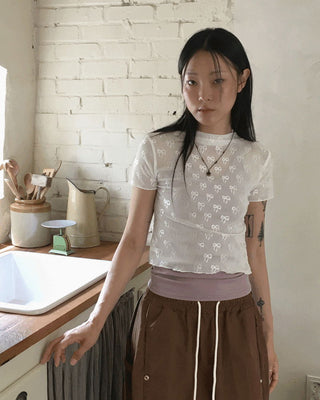 Lafit see-through ribbon printing half Turtleneck short sleeve t-shirt