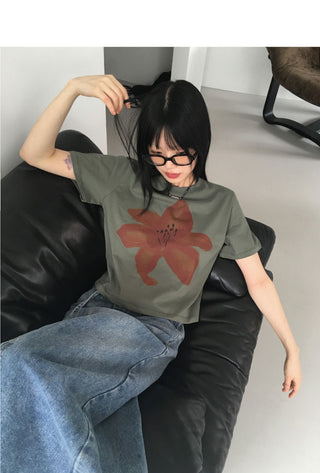 Alz flower printed cropped short sleeve t-shirt