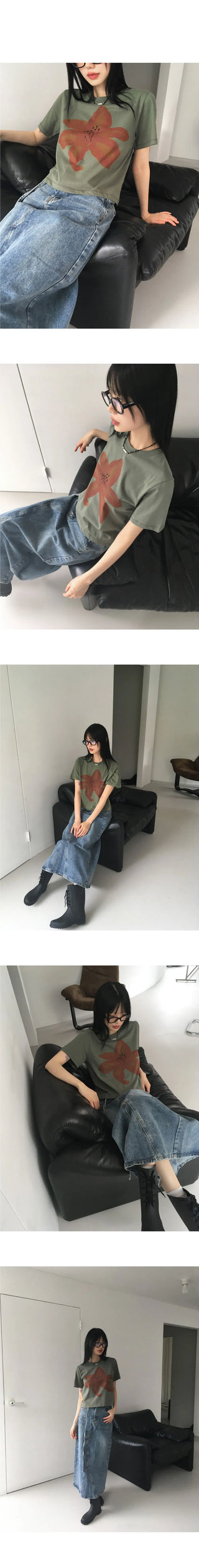 Alz flower printed cropped short sleeve t-shirt