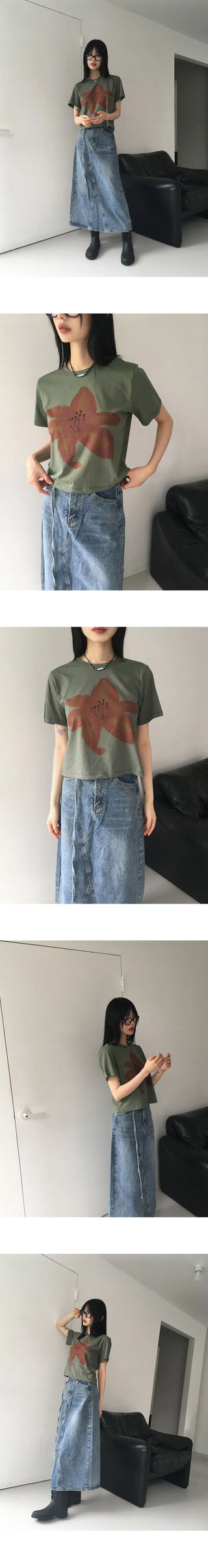 Alz flower printed cropped short sleeve t-shirt