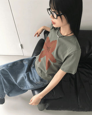 Alz flower printed cropped short sleeve t-shirt