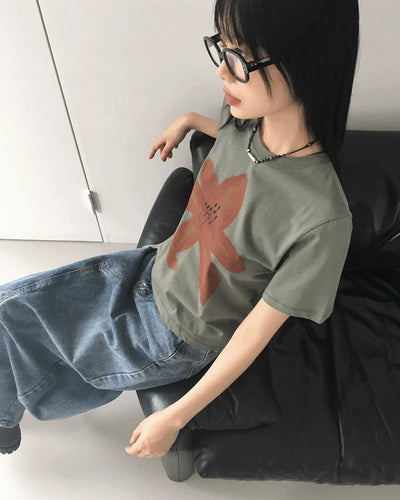 Alz flower printed cropped short sleeve t-shirt