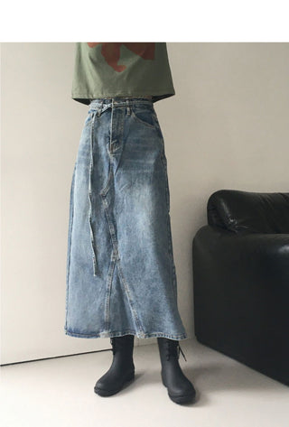 Taps belt set Split denim long skirt