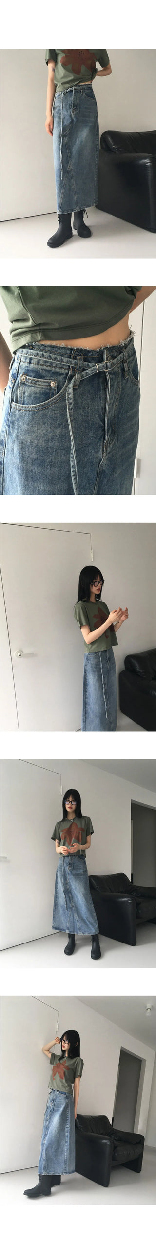 Taps belt set Split denim long skirt