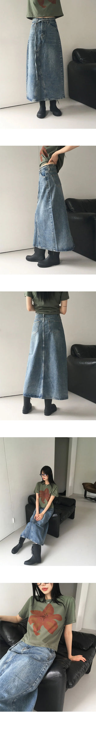 Taps belt set Split denim long skirt