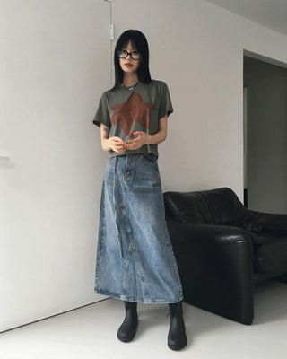 Taps belt set Split denim long skirt