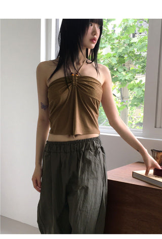 Canan Bohemian Shirring Wood Halter Strap Sleeveless