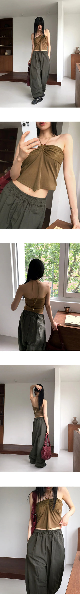 Canan Bohemian Shirring Wood Halter Strap Sleeveless