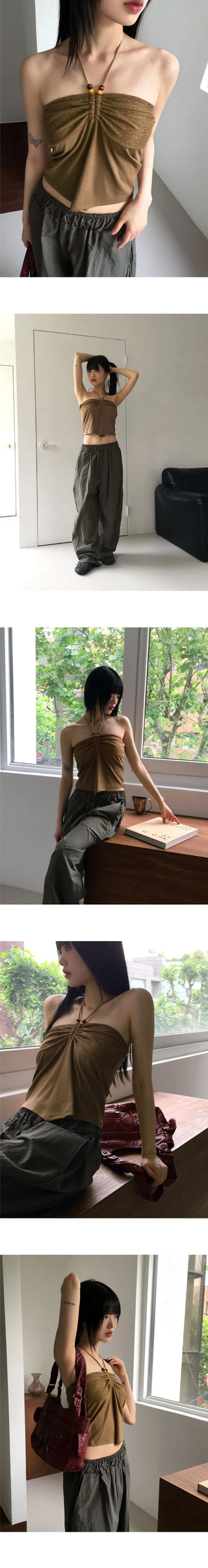Canan Bohemian Shirring Wood Halter Strap Sleeveless