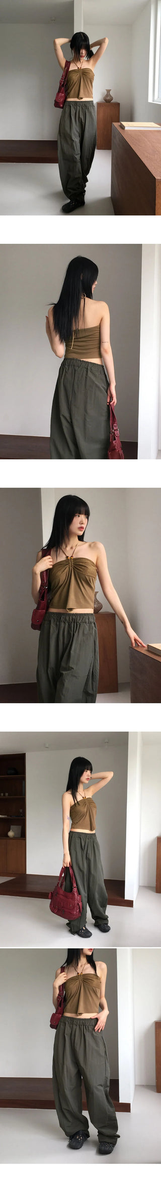 Canan Bohemian Shirring Wood Halter Strap Sleeveless