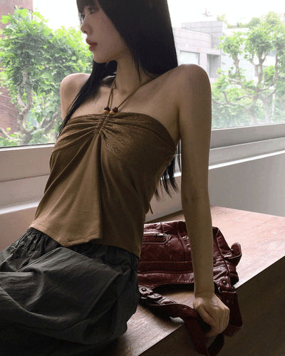 Canan Bohemian Shirring Wood Halter Strap Sleeveless