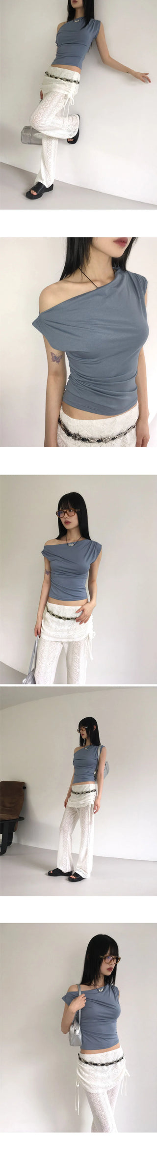 Charva Shirring Uncut One Shoulder Sleeveless T-Shirt