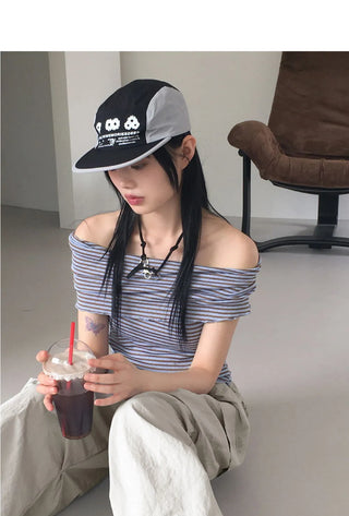 Sebi striped diagonal off-shoulder T-shirt