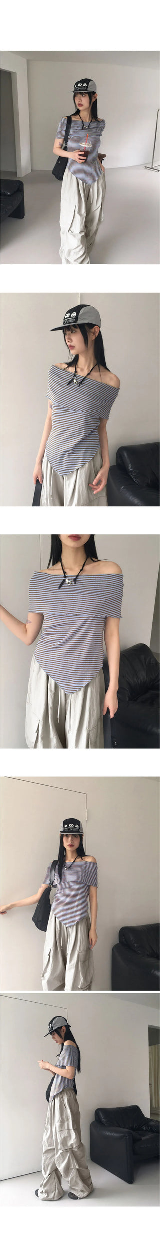Sebi striped diagonal off-shoulder T-shirt