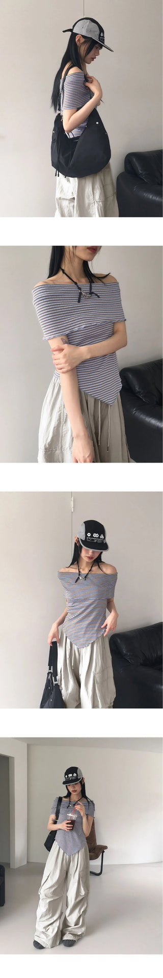 Sebi striped diagonal off-shoulder T-shirt
