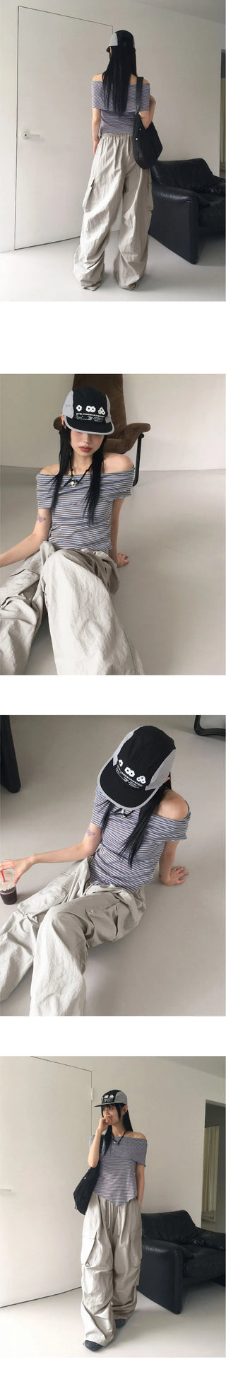 Sebi striped diagonal off-shoulder T-shirt