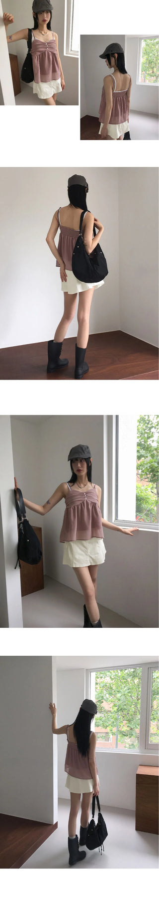 Ferron Chiffon Shirring Button Sleeveless Blouse