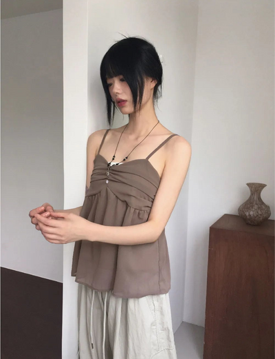 Ferron Chiffon Shirring Button Sleeveless Blouse