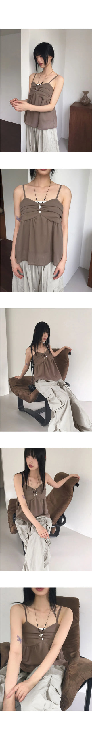 Ferron Chiffon Shirring Button Sleeveless Blouse