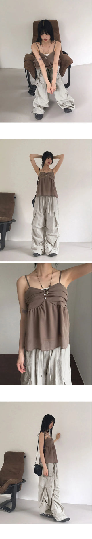 Ferron Chiffon Shirring Button Sleeveless Blouse