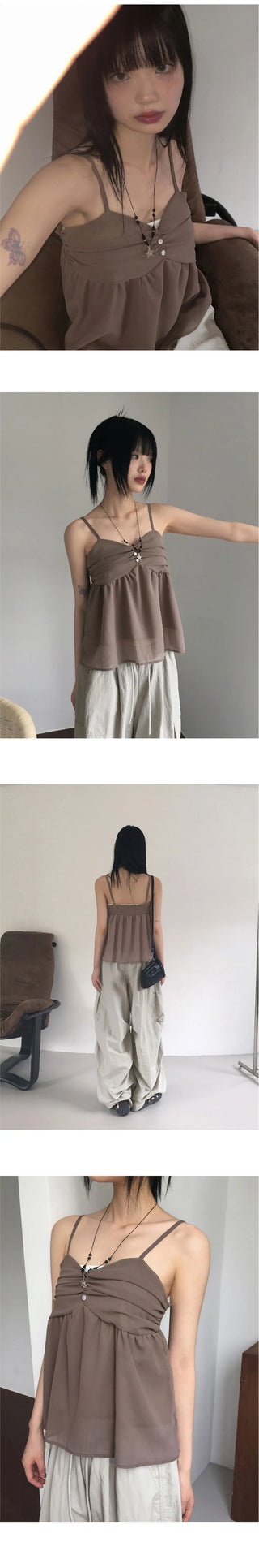 Ferron Chiffon Shirring Button Sleeveless Blouse