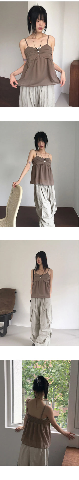 Ferron Chiffon Shirring Button Sleeveless Blouse