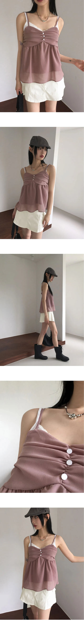Ferron Chiffon Shirring Button Sleeveless Blouse