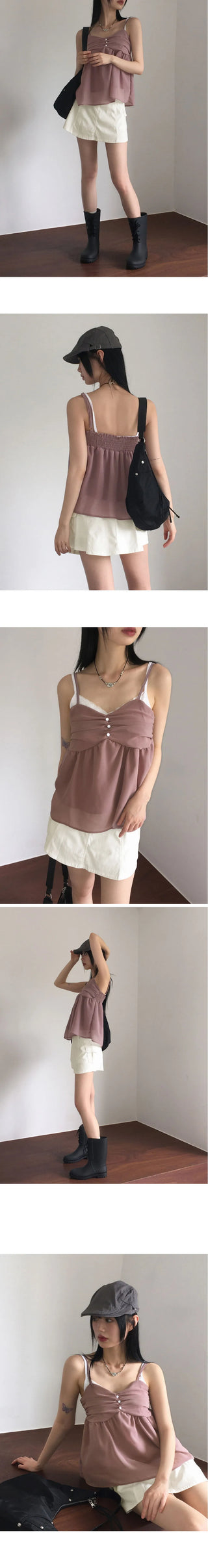 Ferron Chiffon Shirring Button Sleeveless Blouse