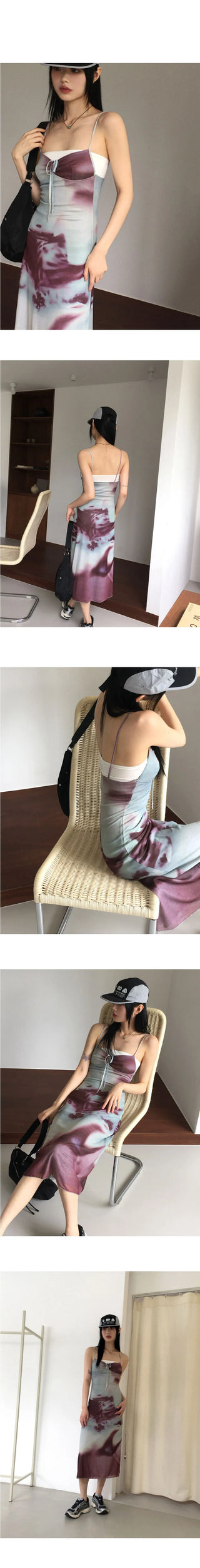 Reba tie-dye printed shirring strap long Dress