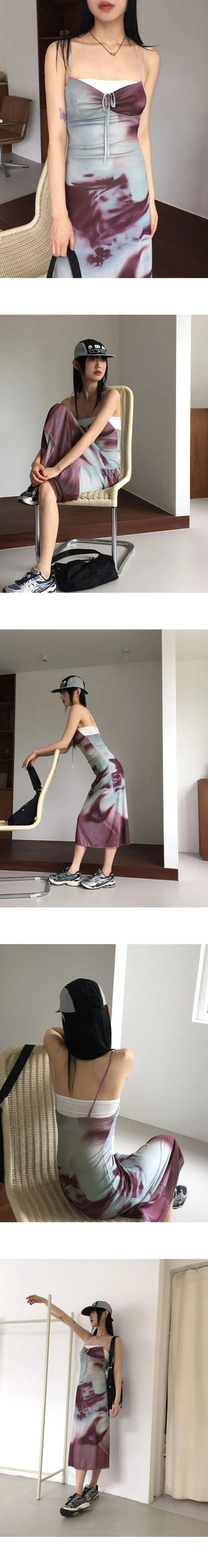 Reba tie-dye printed shirring strap long Dress