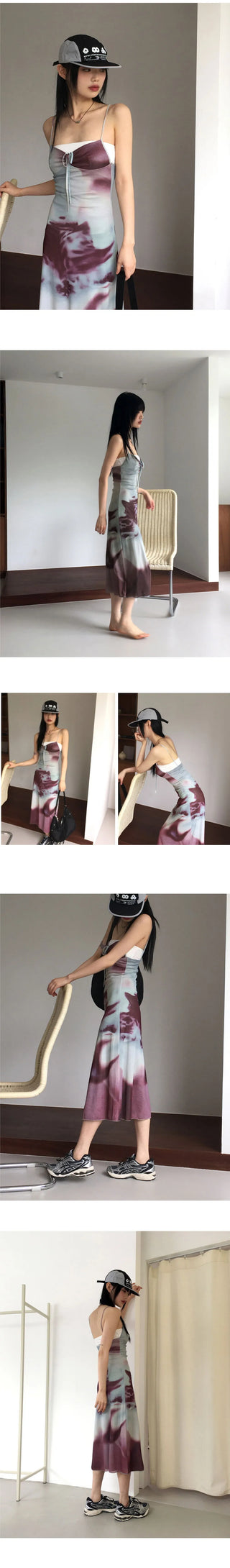 Reba tie-dye printed shirring strap long Dress