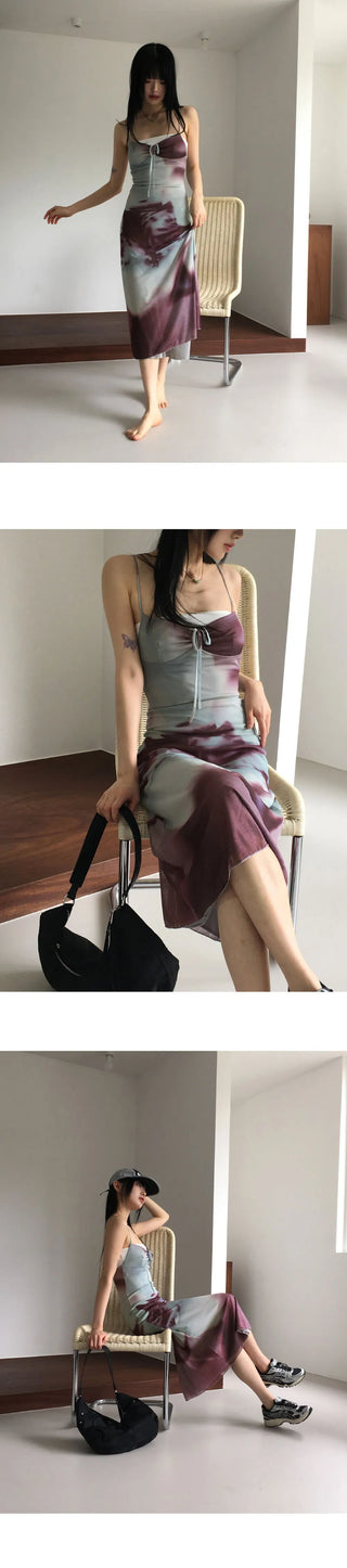 Reba tie-dye printed shirring strap long Dress