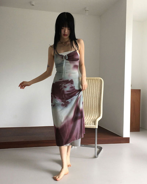 Reba tie-dye printed shirring strap long Dress