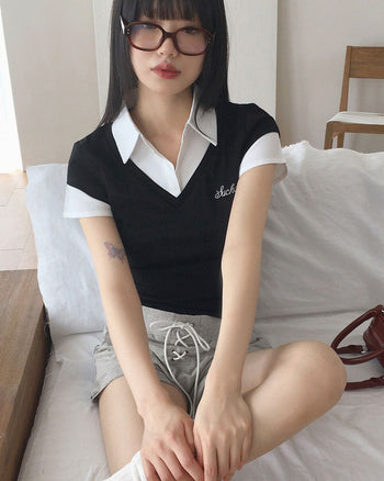 Blaun Geek Chic Layered All-in-one Vest Short Sleeve Shirt