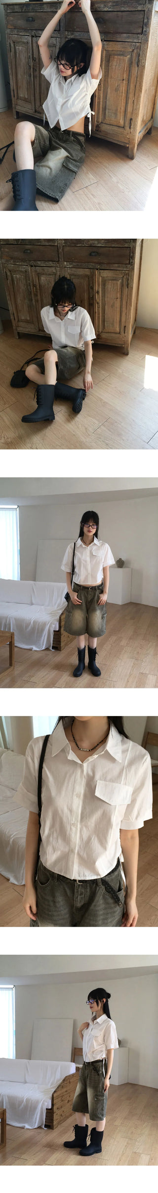 Rooney side shirring pocket crop short sleeve shirt