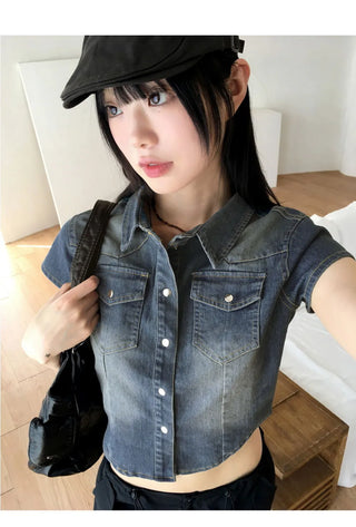 Markle Pocket Slim Faded Denim Crop Short Sleeve Shirt
